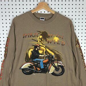 Spirit of The Wild Motorcycle Biker T Shirt Long Sleeve Brown Vintage 90s Medium